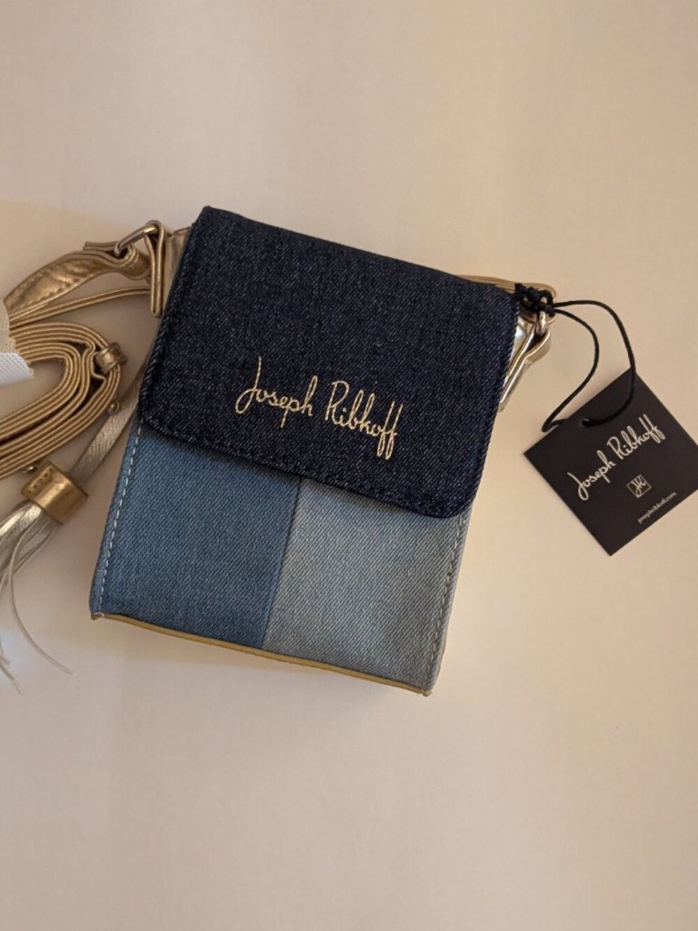 Joseph Ribkoff Crossbody Patchwork Blue Denim Mini Purse Metallic Tassels - NWT